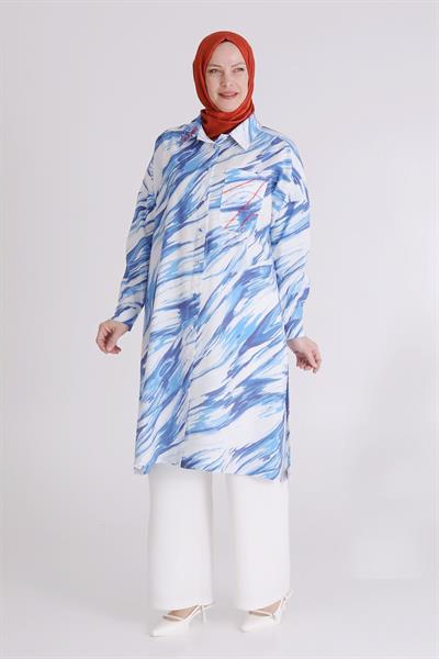 Behrem Büyük Beden Modal Desenli Tunik Mavi OTW23031