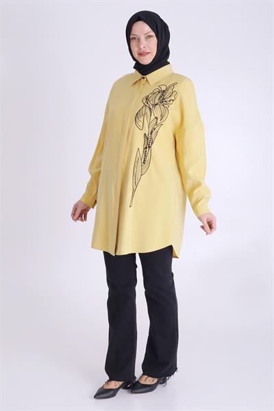 Behrem Büyük Beden Nakış Detaylı Tunik Safran OTW2350