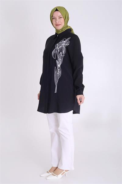 Behrem Büyük Beden Nakış Detaylı Tunik Siyah OTW2350