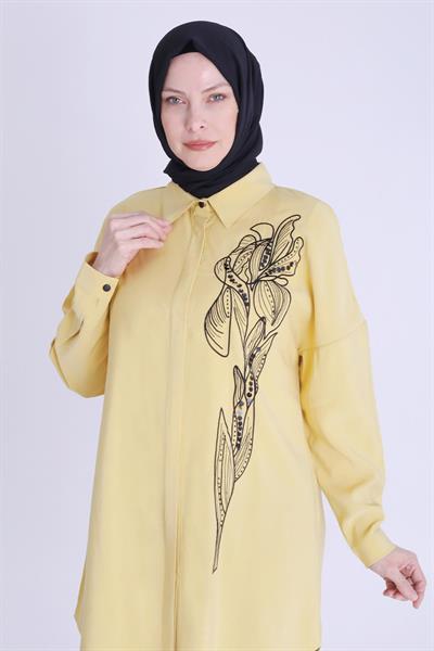 Behrem Büyük Beden Nakış Detaylı Tunik Safran OTW2350