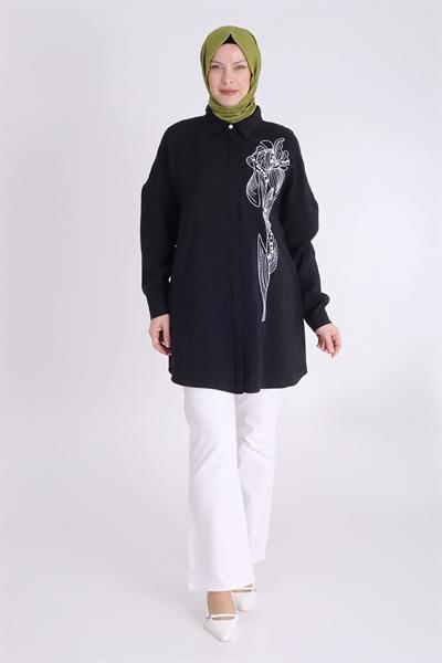 Behrem Büyük Beden Nakış Detaylı Tunik Siyah OTW2350