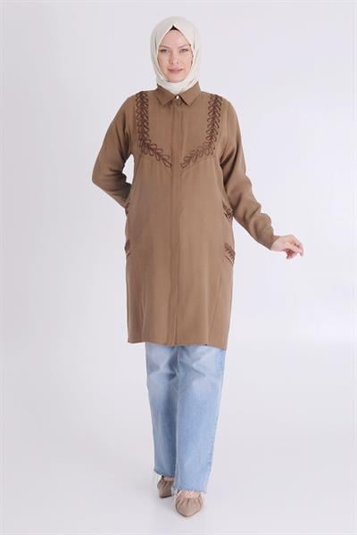 Behrem Büyük Beden Nakışlı Tunik Kahve OTW23028