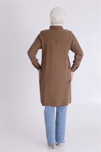 Behrem Büyük Beden Nakışlı Tunik Kahve OTW23028
