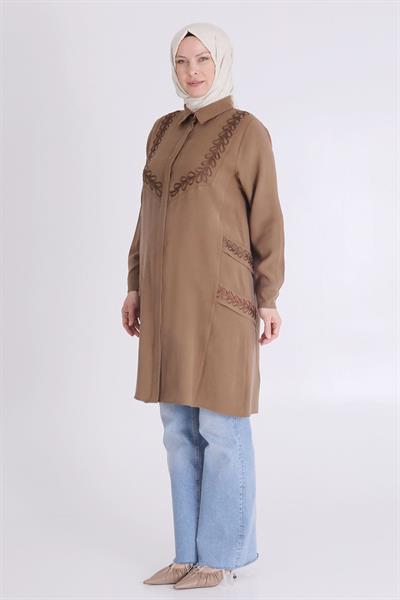 Behrem Büyük Beden Nakışlı Tunik Kahve OTW23028