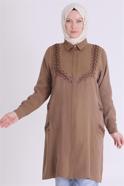 Behrem Büyük Beden Nakışlı Tunik Kahve OTW23028