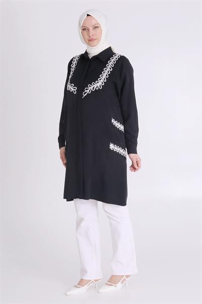 Behrem Büyük Beden Nakışlı Tunik Siyah OTW23028