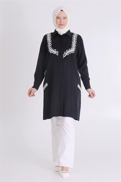 Behrem Büyük Beden Nakışlı Tunik Siyah OTW23028