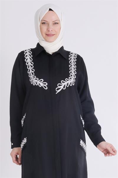 Behrem Büyük Beden Nakışlı Tunik Siyah OTW23028