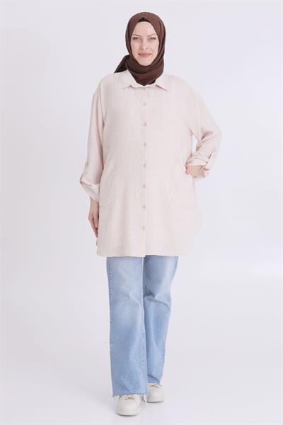 Behrem Büyük Beden Oversize Tunik Bej OTW2346