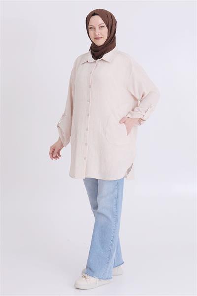 Behrem Büyük Beden Oversize Tunik Bej OTW2346