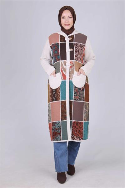 Behrem Büyük Beden Patchwork Triko Kap Krem OTW9314