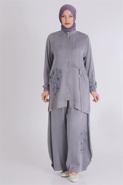 Behrem Büyük Beden Şalvarlı Takım Gri OTW35123
