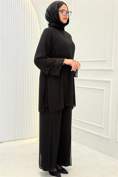 Behrem Büyük Beden Sandy Şifon Pantolonlu Takım Siyah OTW60024