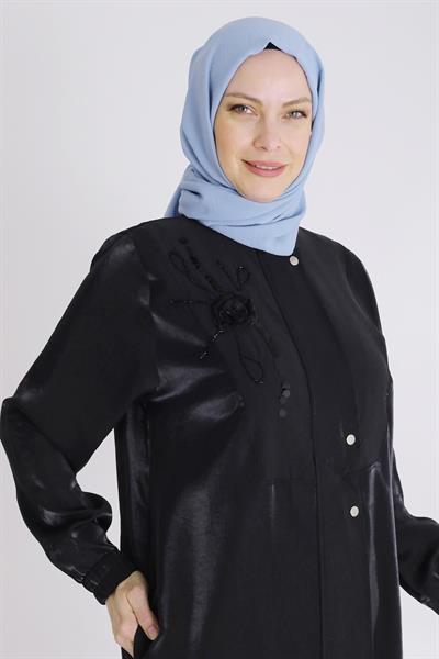Behrem Büyük Beden Saten Tensel Kap Siyah OTW25125