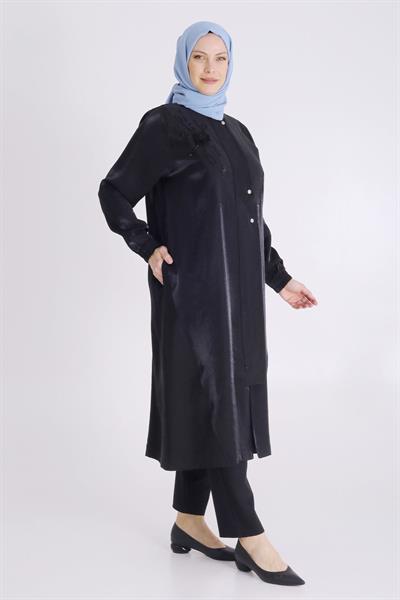 Behrem Büyük Beden Saten Tensel Kap Siyah OTW25125