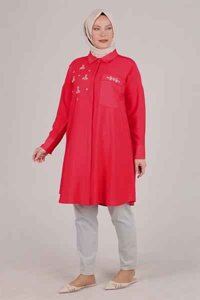 Behrem Büyük Beden Taş İşlemeli Tunik Mercan OTW23026