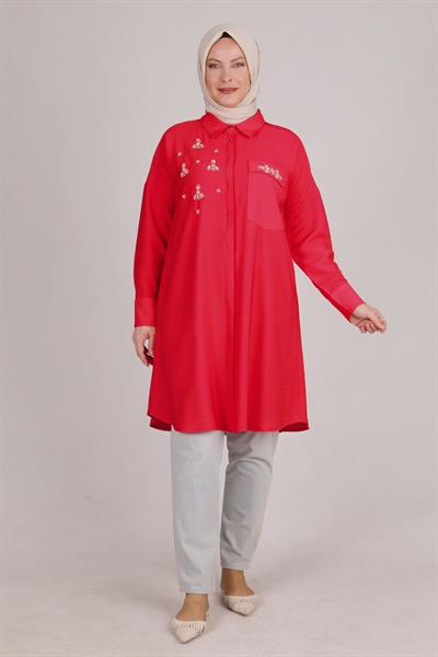 Behrem Büyük Beden Taş İşlemeli Tunik Mercan OTW23026