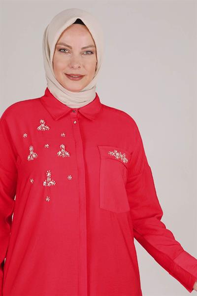 Behrem Büyük Beden Taş İşlemeli Tunik Mercan OTW23026