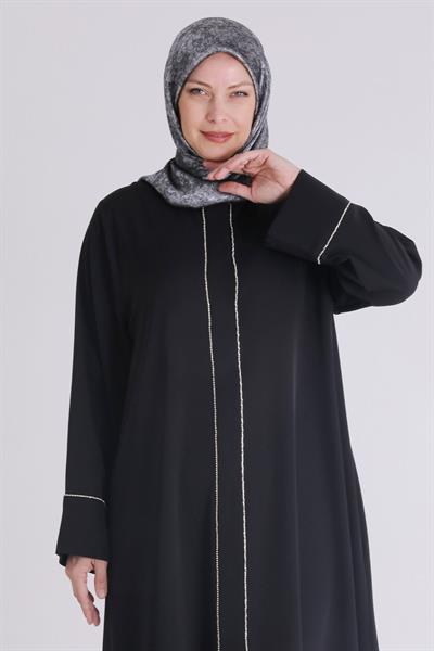 Behrem Büyük Beden Taşlı Ferace Siyah OTW65012