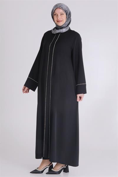 Behrem Büyük Beden Taşlı Ferace Siyah OTW65012