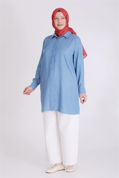 Behrem Büyük Beden Taşlı  Tensel Kot Tunik Mavi OTW23032