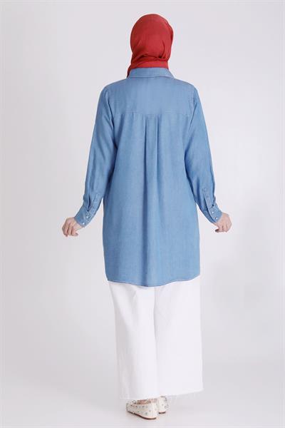 Behrem Büyük Beden Taşlı  Tensel Kot Tunik Mavi OTW23032