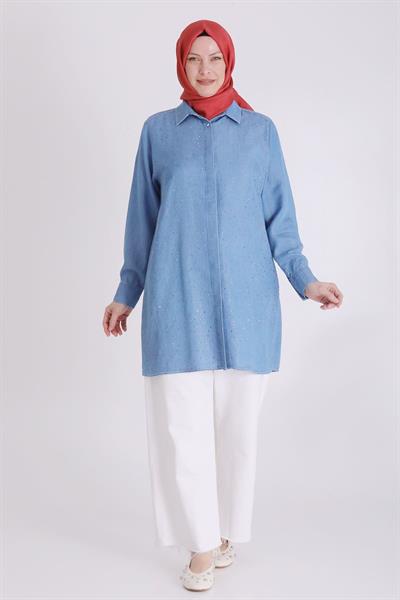 Behrem Büyük Beden Taşlı  Tensel Kot Tunik Mavi OTW23032