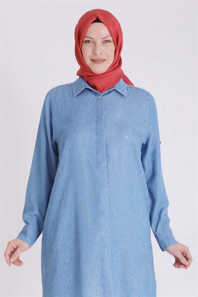 Behrem Büyük Beden Taşlı  Tensel Kot Tunik Mavi OTW23032