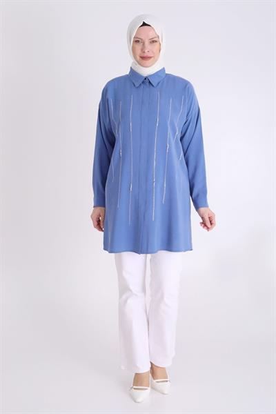 Behrem Büyük Beden Taşlı Tunik İndigo OTW2352