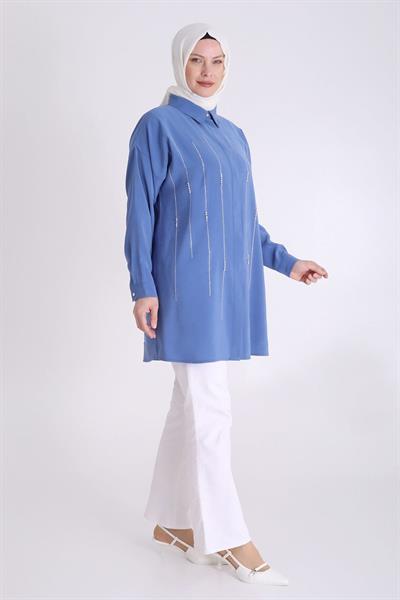 Behrem Büyük Beden Taşlı Tunik İndigo OTW2352