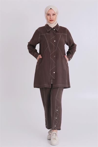 Behrem Büyük Beden Tensel Kumaş Takım Kahve OTW35115