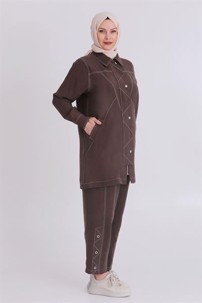 Behrem Büyük Beden Tensel Kumaş Takım Kahve OTW35115