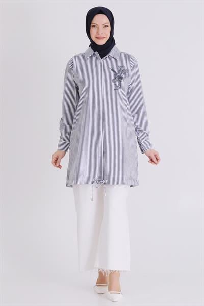 Behrem Büyük Beden Tesettür Çizgili Tunik Lacivert OTW23036