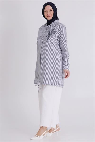 Behrem Büyük Beden Tesettür Çizgili Tunik Lacivert OTW23036