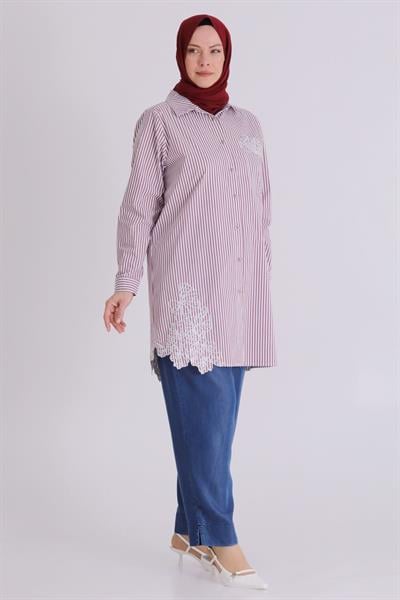 Behrem Büyük Beden Tesettür Çizgili Tunik Bordo OTW23037