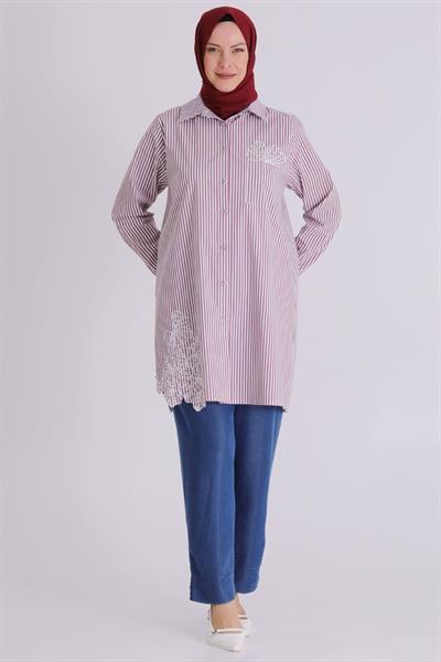 Behrem Büyük Beden Tesettür Çizgili Tunik Bordo OTW23037