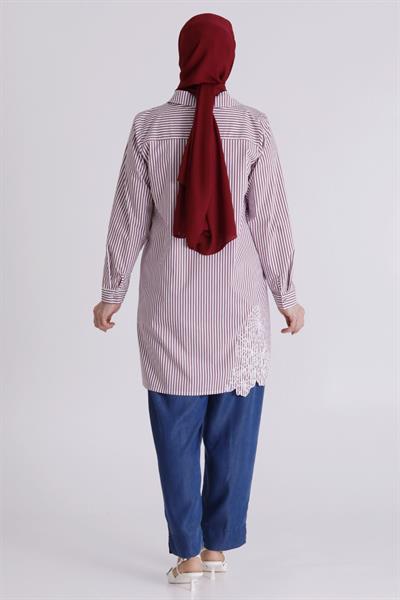 Behrem Büyük Beden Tesettür Çizgili Tunik Bordo OTW23037
