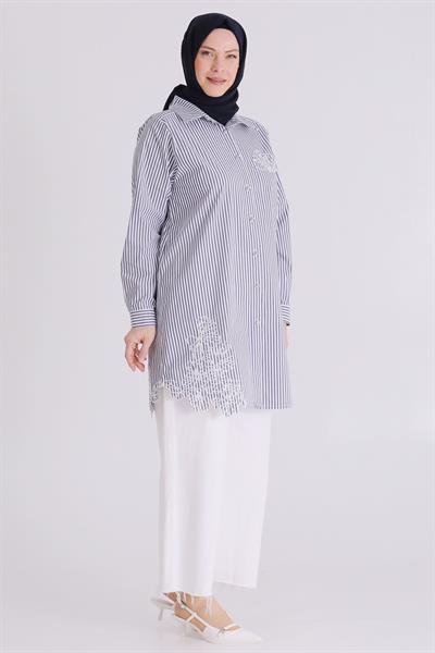 Behrem Büyük Beden Tesettür Çizgili Tunik Lacivert OTW23037