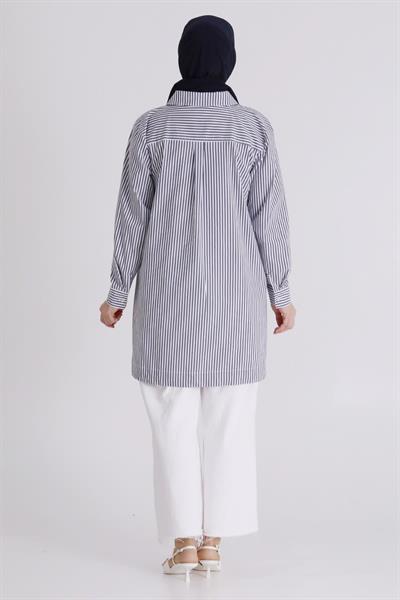 Behrem Büyük Beden Tesettür Çizgili Tunik Lacivert OTW23036