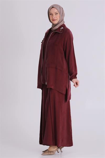 Behrem Büyük Beden Tesettür Cupro Üçlü Pantolonlu Takım Yakut OTW70021