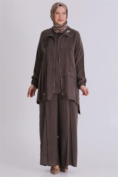 Behrem Büyük Beden Tesettür Cupro Üçlü Pantolonlu Takım Koyu Vizon OTW70021