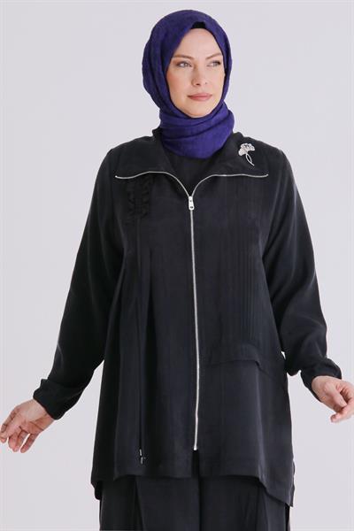 Behrem Büyük Beden Tesettür Cupro Üçlü Pantolonlu Takım Siyah OTW70021