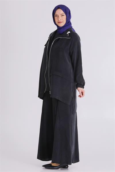 Behrem Büyük Beden Tesettür Cupro Üçlü Pantolonlu Takım Siyah OTW70021
