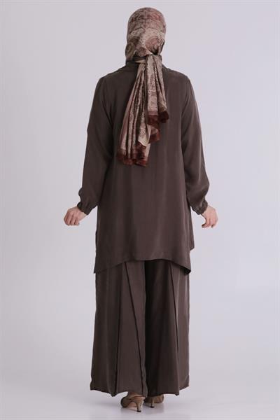 Behrem Büyük Beden Tesettür Cupro Üçlü Pantolonlu Takım Koyu Vizon OTW70021