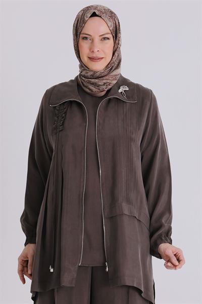 Behrem Büyük Beden Tesettür Cupro Üçlü Pantolonlu Takım Koyu Vizon OTW70021