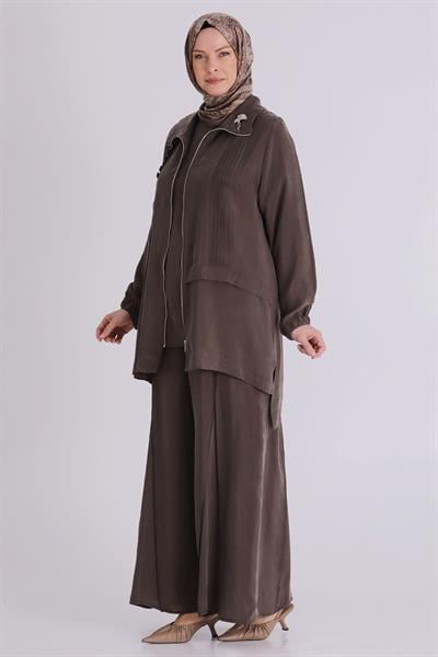 Behrem Büyük Beden Tesettür Cupro Üçlü Pantolonlu Takım Koyu Vizon OTW70021