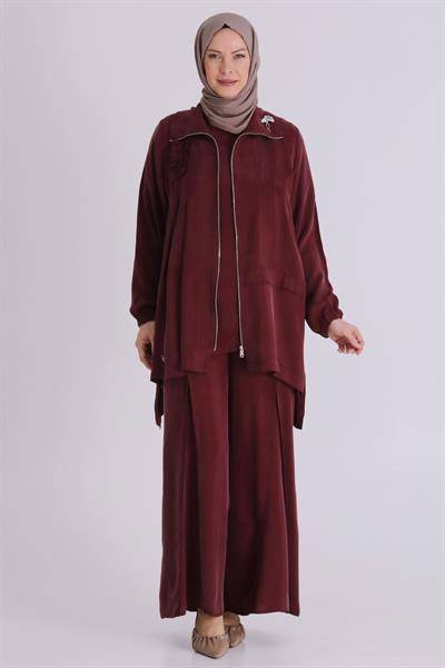 Behrem Büyük Beden Tesettür Cupro Üçlü Pantolonlu Takım Yakut OTW70021