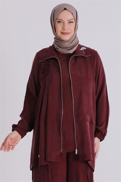 Behrem Büyük Beden Tesettür Cupro Üçlü Pantolonlu Takım Yakut OTW70021