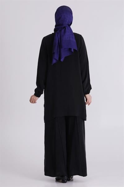 Behrem Büyük Beden Tesettür Cupro Üçlü Pantolonlu Takım Siyah OTW70021