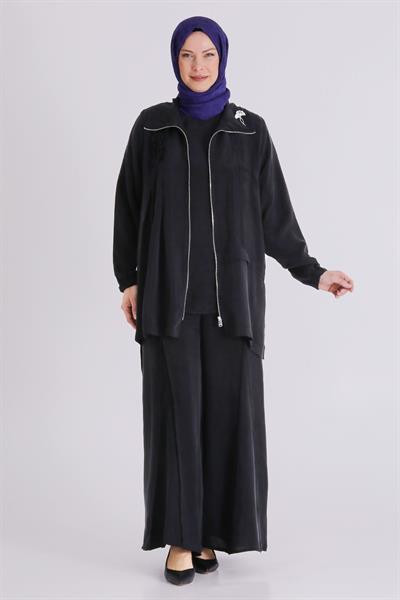 Behrem Büyük Beden Tesettür Cupro Üçlü Pantolonlu Takım Siyah OTW70021